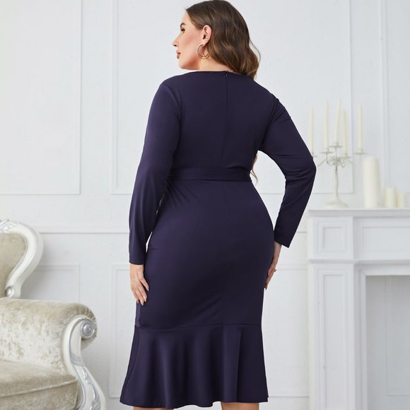 Melo Apparel Plus Size Buttoned Round Neck Tie Belt Midi Dress - Picture 5 of 7